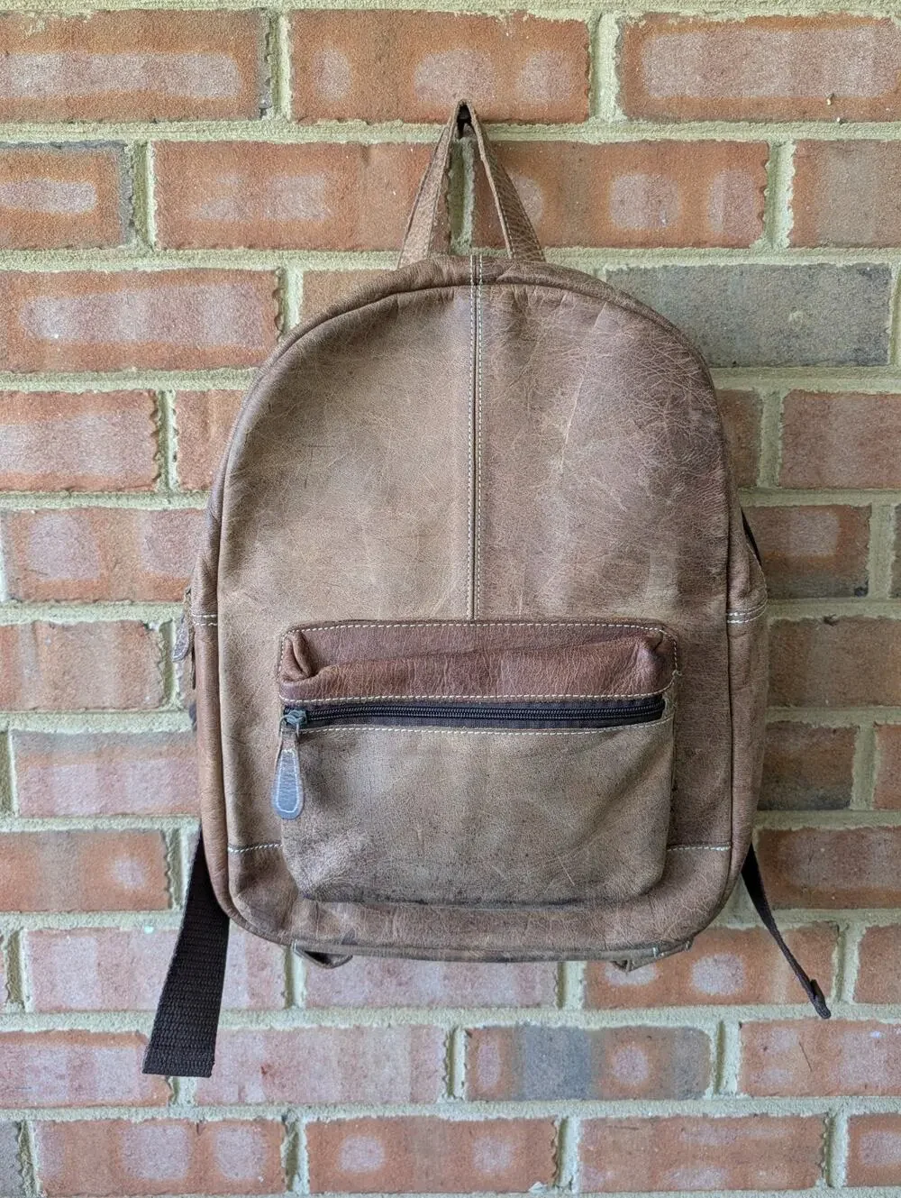 Brown Tan Distressed Full Grain Leather Backpack School Office College Rustic